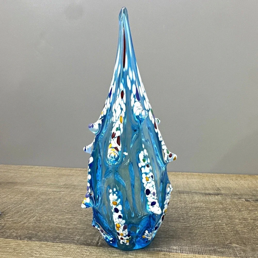 Vintage Murano Style Hand Blown Art Glass Spire Vase - Blue Confetti Murrine, 9
